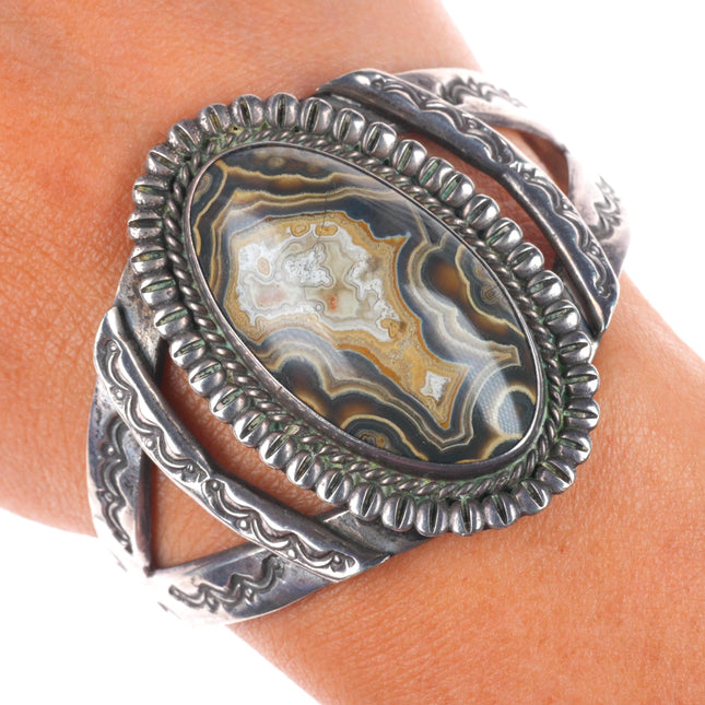 6.2" 1940's Vintage Navajo stamped sterling silver lacy agate cuff bracelet