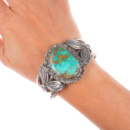 6.4" c1940's Vintage Navajo sterling silver stamped cuff bracelet nice turquoise