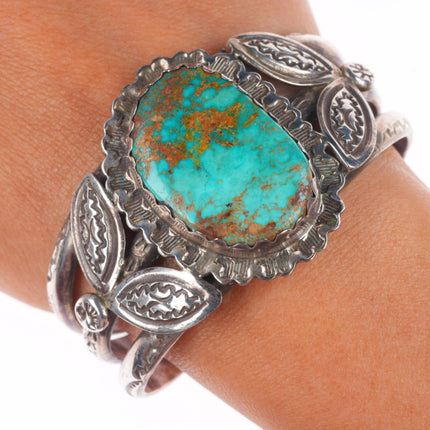 6.4" c1940's Vintage Navajo sterling silver stamped cuff bracelet nice turquoise