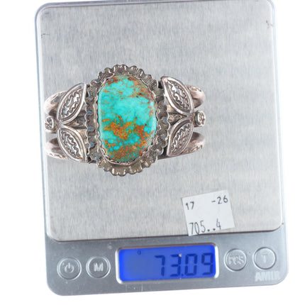 6.4" c1940's Vintage Navajo sterling silver stamped cuff bracelet nice turquoise