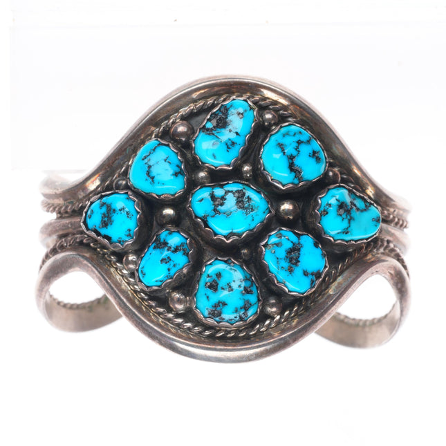 6.3" Vintage Navajo sterling silver Kingman turquoise cluster cuff bracelet