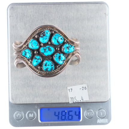 6.3" Vintage Navajo sterling silver Kingman turquoise cluster cuff bracelet