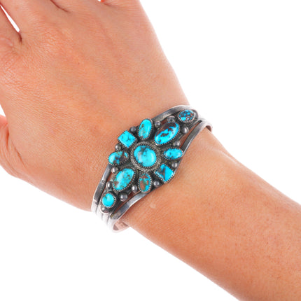 6.5" 1930's Navajo ingot silver high grade turquoise cluster cuff bracelet