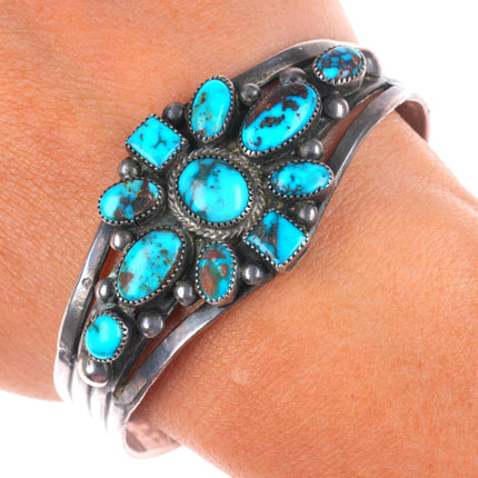 6.5" 1930's Navajo ingot silver high grade turquoise cluster cuff bracelet