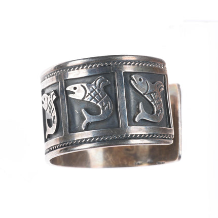 6.6" Vintage southwestern sterling silver fish shadowbox cuff bracelet