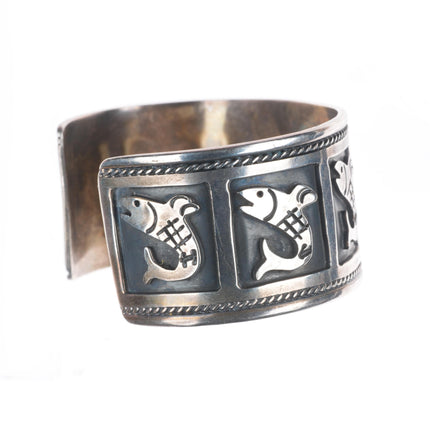 6.6" Vintage southwestern sterling silver fish shadowbox cuff bracelet