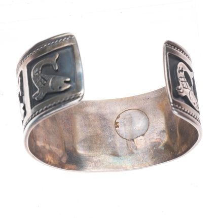 6.6" Vintage southwestern sterling silver fish shadowbox cuff bracelet