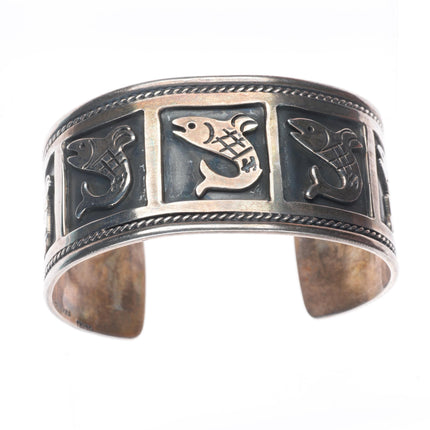 6.6" Vintage southwestern sterling silver fish shadowbox cuff bracelet