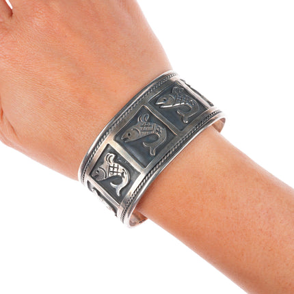 6.6" Vintage southwestern sterling silver fish shadowbox cuff bracelet
