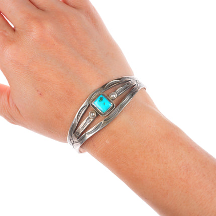 6.4" Vintage Navajo sterling silver deep stamped arrows turquoise cuff bracelet