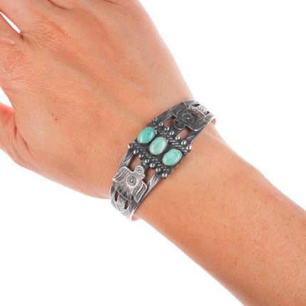 6.5" 1940 Navajo Fred Harvey thunderbird sterling silver turquoise cuff bracelet