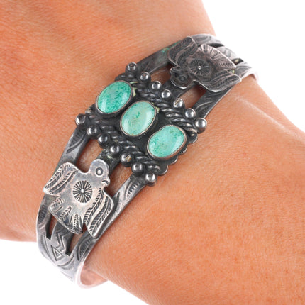6.5" 1940 Navajo Fred Harvey thunderbird sterling silver turquoise cuff bracelet