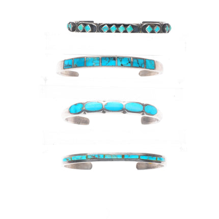 6.25" 4 Vintage Zuni sterling silver stacker turquoise inlay cuff bracelets