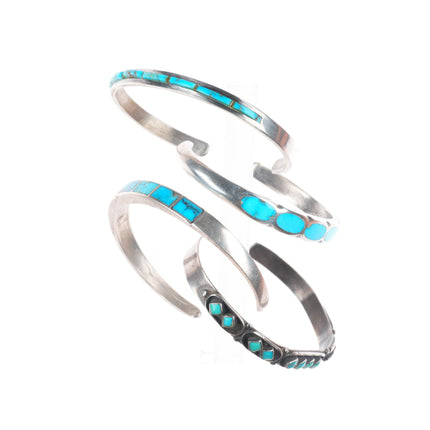 6.25" 4 Vintage Zuni sterling silver stacker turquoise inlay cuff bracelets