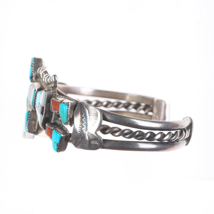 6.5" 1950's Zuni sterling silver rainbow man turquoise/coral inlay cuff bracelet