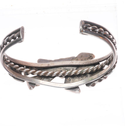 6.5" 1950's Zuni sterling silver rainbow man turquoise/coral inlay cuff bracelet