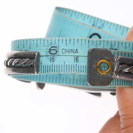 6.5" 1950's Zuni sterling silver rainbow man turquoise/coral inlay cuff bracelet