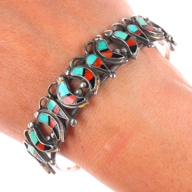 7" Vintage Zuni sterling silver turquoise, coral inlay butterfly cuff bracelet