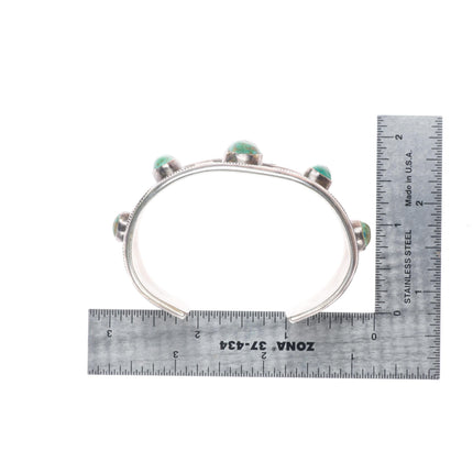 6.25" vintage Navajo sterling silver wide green turquoise row cuff bracelet