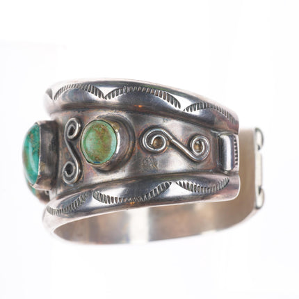6.25" vintage Navajo sterling silver wide green turquoise row cuff bracelet