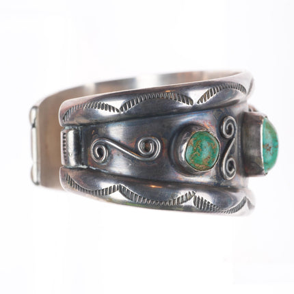 6.25" vintage Navajo sterling silver wide green turquoise row cuff bracelet
