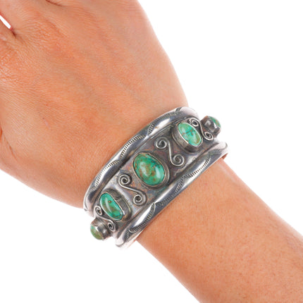 6.25" vintage Navajo sterling silver wide green turquoise row cuff bracelet