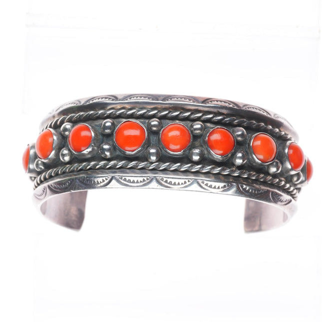 7" Vintage Navajo sterling silver carinated mediterranean coral cuff bracelet