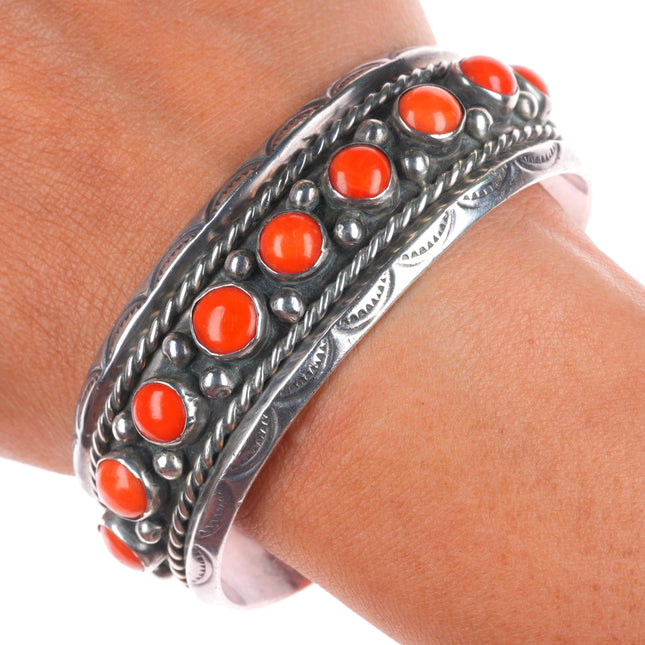 7" Vintage Navajo sterling silver carinated mediterranean coral cuff bracelet