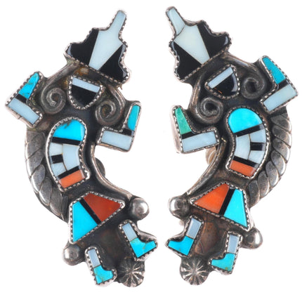 c1950 Vintage Zuni sterling silver rainbow man inlay screw back earrings