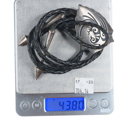 James Honyaktewa Hopi overlay vintage arrowhead form bolo tie sterling silver