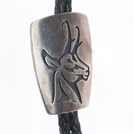 Roy Tawahongva Hopi overlay vintage antelope carved bolo tie sterling silver