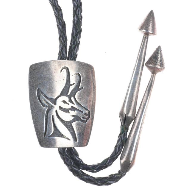 Roy Tawahongva Hopi overlay vintage antelope carved bolo tie sterling silver
