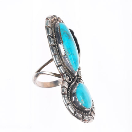 sz6 Long vintage Navajo sterling silver two stone turquoise fancy border ring