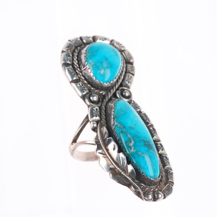 sz6 Long vintage Navajo sterling silver two stone turquoise fancy border ring