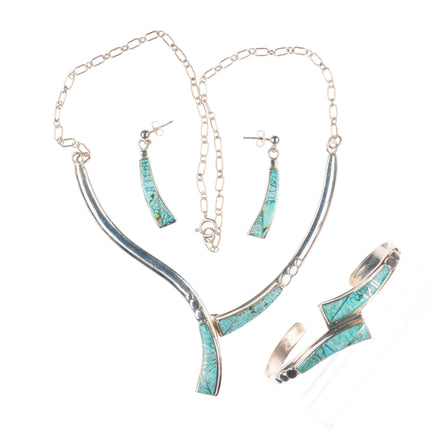 Vintage Navajo sterling silver spiderweb turquoise inlay necklace, cuff bracelet