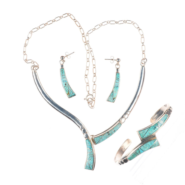 Vintage Navajo sterling silver spiderweb turquoise inlay necklace, cuff bracelet