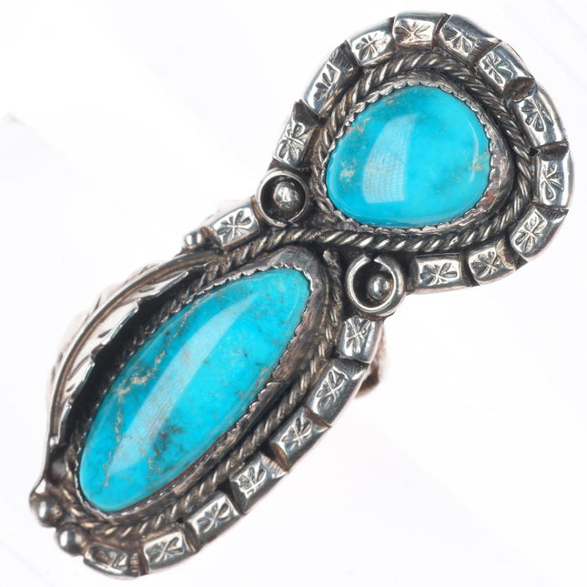 sz6 Long vintage Navajo sterling silver two stone turquoise fancy border ring