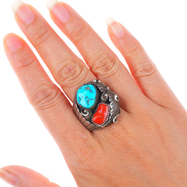 sz11.5 vintage Dan Whitegoat Navajo sterling silver turquoise-coral men's ring