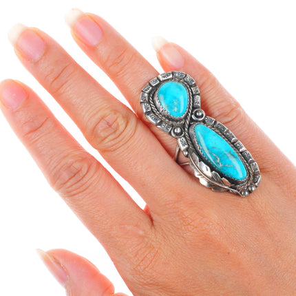 sz6 Long vintage Navajo sterling silver two stone turquoise fancy border ring