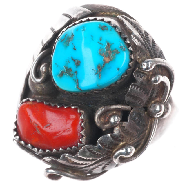 sz11.5 vintage Dan Whitegoat Navajo sterling silver turquoise-coral men's ring