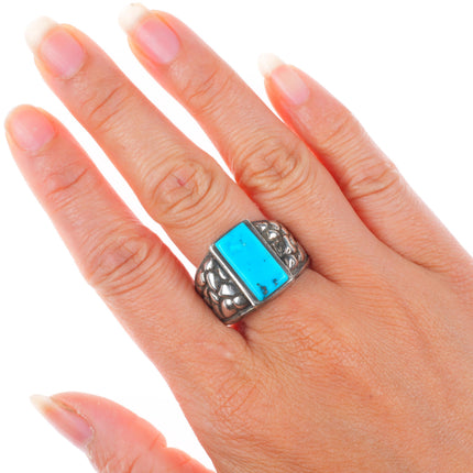 sz12.5 vintage Navajo sterling silver rocky repousse turquoise men's ring