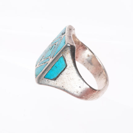 sz11 vintage Zuni sterling silver turquoise channel inlay men's size 11 ring