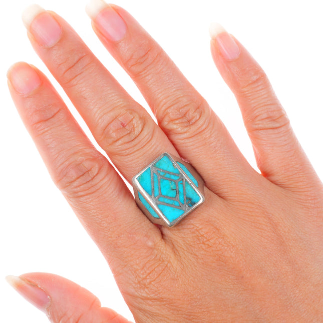 sz11 vintage Zuni sterling silver turquoise channel inlay men's size 11 ring