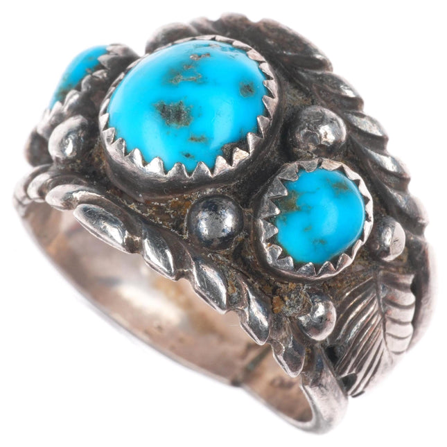 sz9 Cecil Sanders Navajo sterling silver 3 stone turquoise size 9 ring