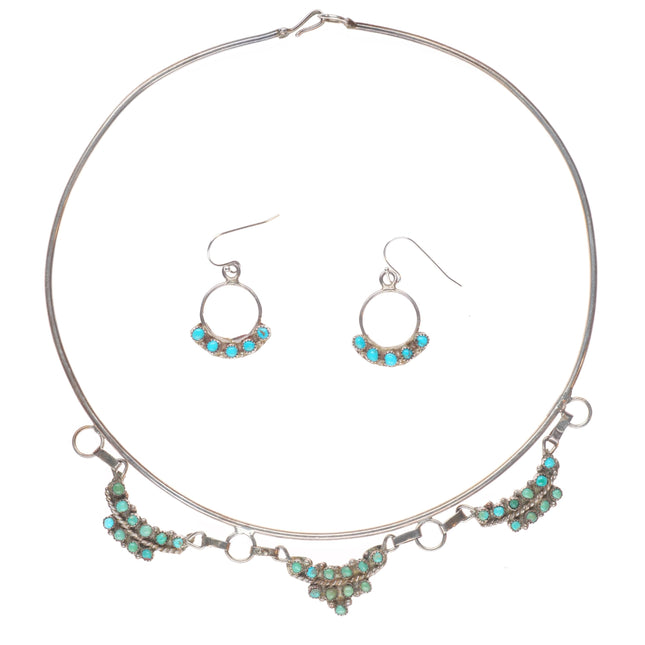 Vintage Zuni sterling silver snake eye turquoise earring and collar necklace set