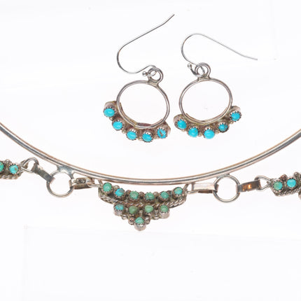 Vintage Zuni sterling silver snake eye turquoise earring and collar necklace set
