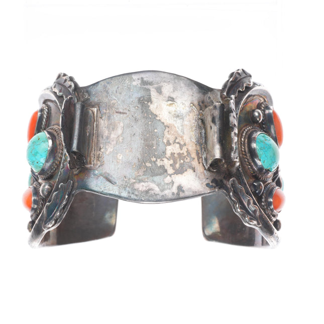 7.3" Big Vintage Navajo sterling silver turquoise, coral watch cuff bracelet