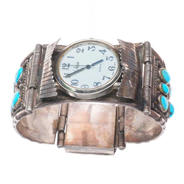 7.5" vintage Navajo sterling silver turquoise nugget watch bracelet