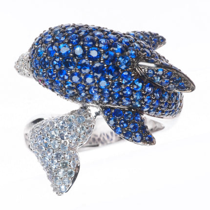 sz7 18k White Gold, Diamond, Ruby, Sapphire figural dolphin bypass ring