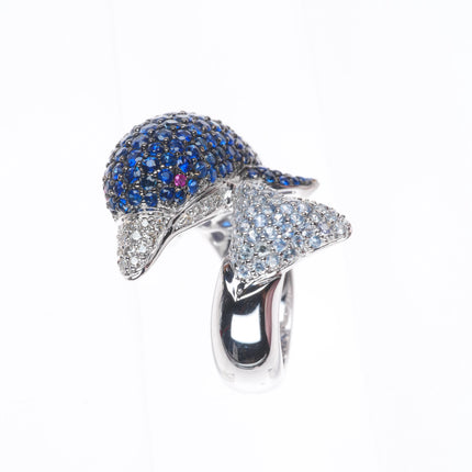 sz7 18k White Gold, Diamond, Ruby, Sapphire figural dolphin bypass ring